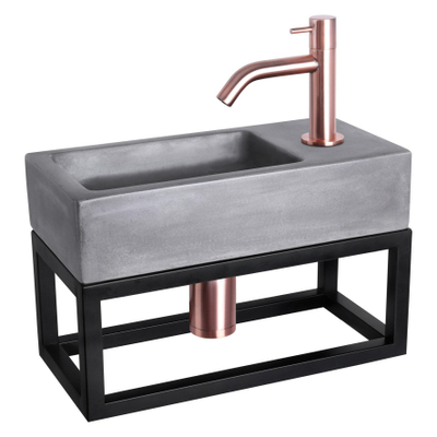 Differnz Ravo fonteinset – 38.5x18.5x25 cm – beton donker grijs – gebogen koperen kraan – met zwart frame