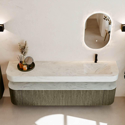 MONDIAZ THOR-DLUX Meuble de salle de bains - 200cm - arrondi gauche + droite - couleur Shadow - 2 tiroirs - 2 portes - Vasque suspendue CLOUD droite 1 trou de robinet couleur Opalo