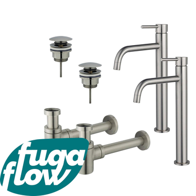 FugaFlow Eccelente Sobrado Badkamer Slim Wastafelkraanset - voor dubbele wastafel - verhoogde wastafelkraan - klikwaste plug - verlaagde design sifon - PVD Geborsteld RVS