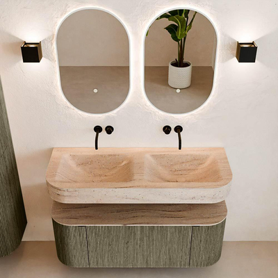 MONDIAZ THOR-DLUX 120cm meuble de salle de bains arrondi gauche + droite couleur Shadow avec 1 tiroir et 2 portes. Vasque suspendue CLOUD Double sans trou de robinet couleur Saba.