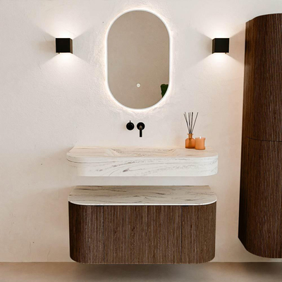 MONDIAZ THOR-DLUX 100cm meuble de salle de bains arrondi gauche + droite couleur Walnut avec 1 tiroir et 2 portes. Vasque suspendue CLOUD Milieu sans trou de robinet couleur Nata.