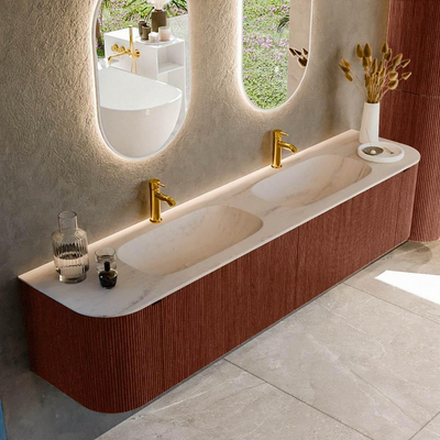 MONDIAZ KURVE-DLUX Meuble de salle de bains 200cm arrondi gauche + droite couleur Ruby avec 2 tiroirs et 2 portes. Lavabo STOR SMALL Double 2 trous de robinet Meli.