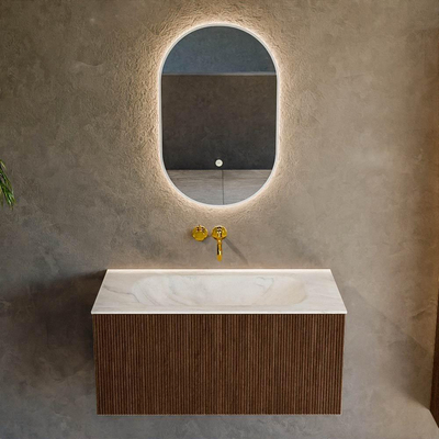 MONDIAZ KURVE-DLUX 90cm badmeubel kleur Walnut met 1 lade. Wastafel BIG SMALL midden zonder kraangat kleur Ostra.