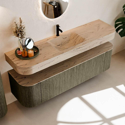 MONDIAZ THOR-DLUX 170cm meuble de salle de bains arrondi gauche + droite couleur Shadow avec 1 tiroir et 2 portes. Vasque suspendue CLOUD Milieu 1 trou de robinet couleur Arena.