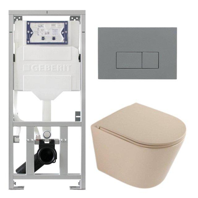 QeramiQ Dely Pack WC - 36,3x51,7cm - à fond creux - sans bride - réservoir encastré Geberit UP320 - abattant WC à fermeture douce - plaque de déclenchement gris clair - boutons rectangulaires - mat beige