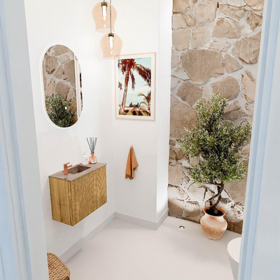 Mondiaz JOYA-DLUX 50cm toiletmeubel - kleur Oak - Wastafel FAYE positie Links 1 kraangat kleur Arena.