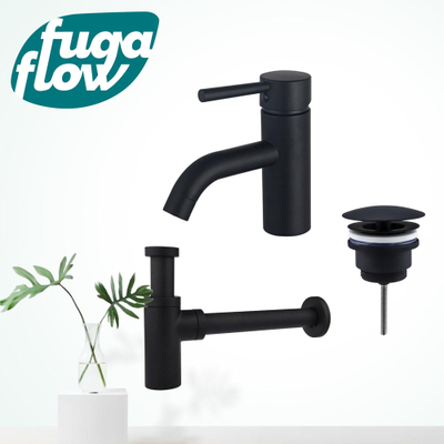 FugaFlow Eccelente Sobrado Badkamer Wastafelkraanset - lage wastafelkraan - always open plug - design sifon - Mat zwart - Black Friday -