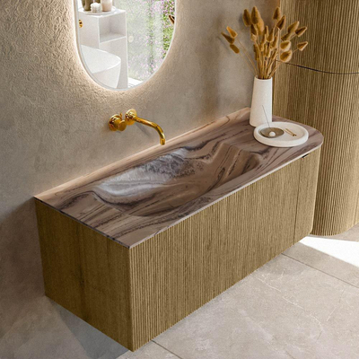 MONDIAZ KURVE-DLUX Meuble de salle de bains 115 cm arrondi à droite couleur Dusk avec 1 tiroir et 1 porte. Lavabo BIG SMALL à gauche sans trou de robinet Sombra.