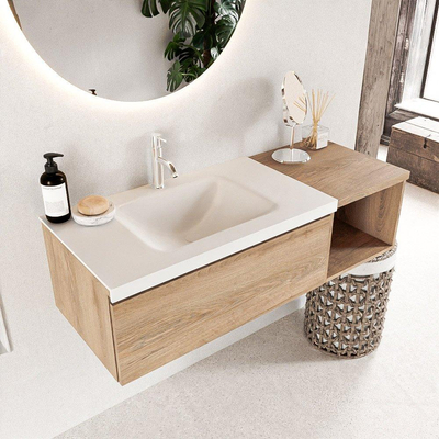 MONDIAZ BUKLA 120cm badmeubel met open module 40 kleur Washed Oak met 1 lade. Wastafel CLOUD links 1 kraangat kleur Talc.