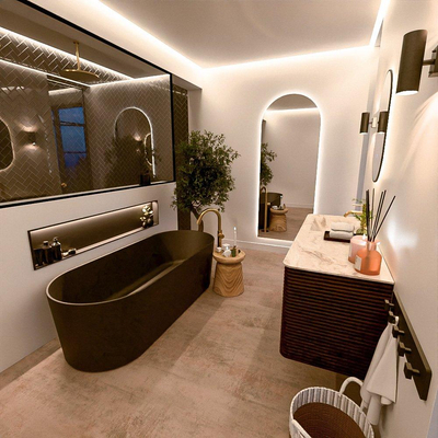 Mondiaz CIRO-DLUX Ensemble de meubles de salle de bains - 130x45x50cm - lavabo solid surface Frappe - 1 vasque à gauche - 1 trou de robinet - 4 tiroirs - Noyer