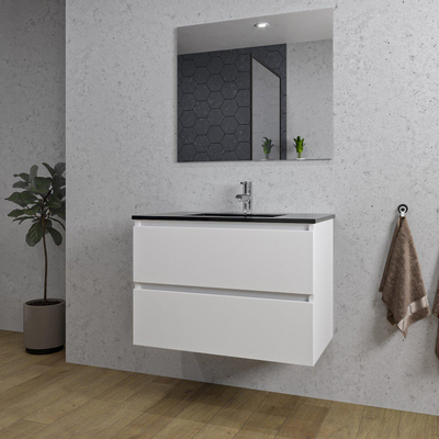 Saniclass Chaci Meuble de salle de bain - 80x46x55cm - lavabo en céramique noir - 1 vasque - 1 trou de robinet - 2 tiroirs - miroir rectangulaire - blanc mat