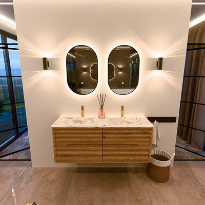 Mondiaz CIRO-DLUX Badkamermeubelset - 130x45x50cm - Solid surface wastafel Glace - 2 wasbak Dubbel - 2 kraangaten - 4 lades - Oak