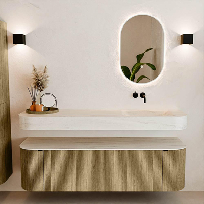 MONDIAZ THOR-DLUX 160cm meuble de salle de bains arrondi gauche + droite couleur Dusk avec 1 tiroir et 2 portes. Vasque suspendue CLOUD Droite sans trou de robinet couleur Meli.