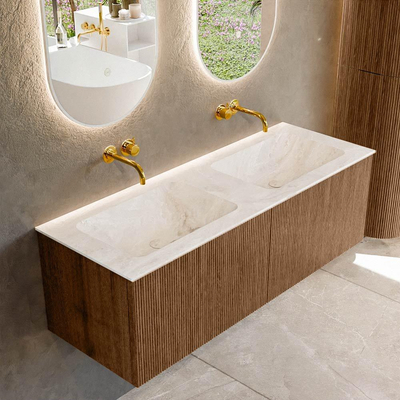 MONDIAZ KURVE-DLUX 130cm Meuble salle de bain - couleur Walnut - 2 tiroirs - vasque LEAF double - sans trou de robinet - couleur Frappe