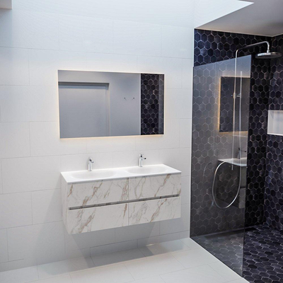 MONDIAZ VICA Ensemble de meuble salle de bain - 120cm - 4 tiroirs - lavabo Moon double - 2 trous de robinet - solid surface marbre carrara