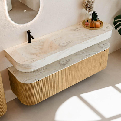 MONDIAZ THOR-DLUX 160cm badmeubel ronding links + rechts kleur Oak met 1 lade en 2 deuren. Vrijhangende wastafel CLOUD Links 1 kraangat kleur Ostra.