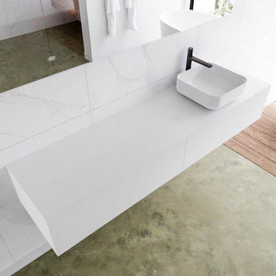 MONDIAZ LAGOM Badkamermeubelset - 180cm - 2 lades - waskom Binx - wasbak rechts - 1 kraangat - Solid surface talc