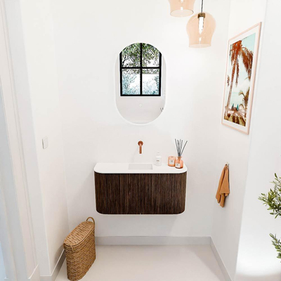 Mondiaz JOYA 83.2cm toiletmeubel - ronding links en rechts kleur Walnut - Wastafel FAYE positie Midden Zonder kraangat kleur Talc.
