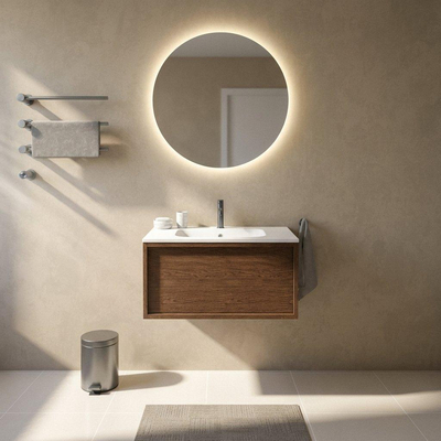 Saniclass Holz Frame Ensemble de meubles de salle de bains - 80x45x41.5cm - Flow lavabo en solid surface blanc - 1 vasque - 1 trou de robinetterie - 1 tiroir - walnut pure mat (bois)
