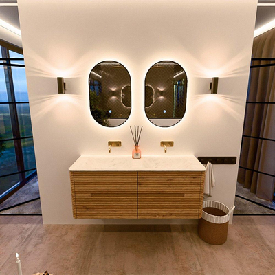 Mondiaz CIRO-DLUX Badkamermeubelset - 130x45x50cm - Solid surface wastafel Opalo - 2 wasbak Dubbel - zonder kraangaten - 4 lades - Oak