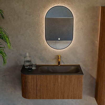 MONDIAZ KURVE 95cm Meuble salle de bain avec module 25 G - couleur Walnut - 1 tiroir - 1 porte - vasque BIG SMALL droite - 1 trou de robinet - Urban