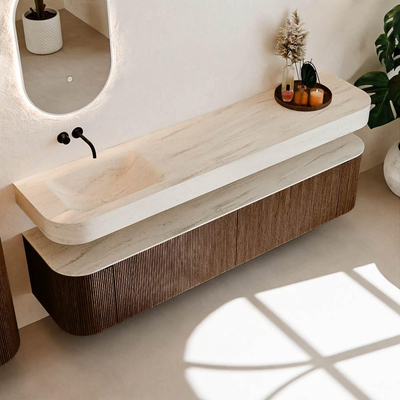 MONDIAZ THOR-DLUX 200cm meuble de salle de bains arrondi gauche + droite couleur Walnut avec 2 tiroirs et 2 portes. Vasque suspendue CLOUD Gauche sans trou de robinet couleur Meli.