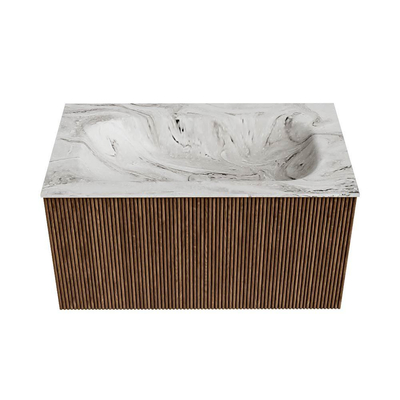 MONDIAZ KURVE-DLUX 80cm Meuble salle de bain - couleur Walnut - 1 tiroir - vasque BIG SMALL centre - sans trou de robinet - couleur Glace