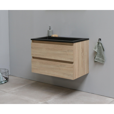 Basic Bella Meuble salle de bains avec lavabo acrylique Noir 80x55x46cm sans trous de robinet Chêne