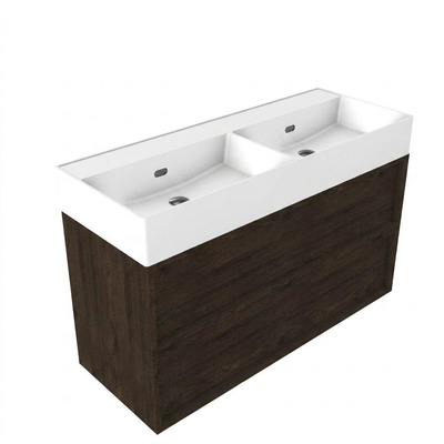 Saniclass Holz Frame Ensemble meuble de salle de bains - 120x45x72cm - Legend lavabo en céramique blanc mat - 2 vasques - 2 trous de robinetterie - 2 tiroirs - chêne charcoal mat (bois)