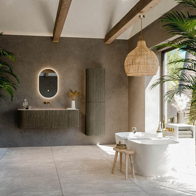 MONDIAZ KURVE-DLUX Meuble de salle de bains 140cm arrondi gauche + droite couleur Shadow avec 1 tiroir et 2 portes. Lavabo BIG SMALL central sans trou de robinet Saba.