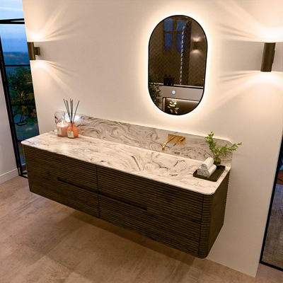 Mondiaz CIRO-DLUX Meuble de salle de bains - 180x45x50cm - Plan vasque solid surface Glace - 1 lavabo à droite - sans trous de robinet - 4 tiroirs - Shadow