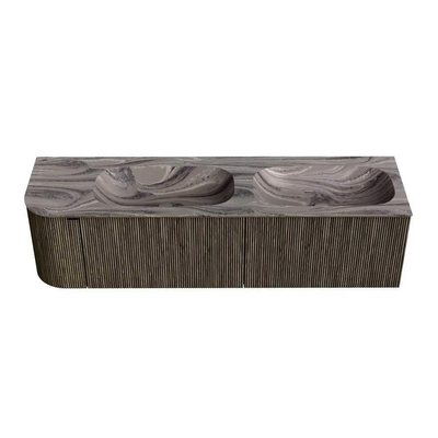 MONDIAZ KURVE-DLUX Meuble de salle de bains 165cm arrondi à gauche couleur Shadow avec 2 tiroirs et 1 porte. Lavabo STOR SMALL Double / Droite 2 trous de robinet Sombra.