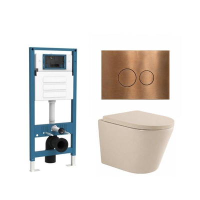 QeramiQ Dely Ensemble WC - réservoir encastré Qeramiq Flush - abattant 35mm - plaque de commande en métal cuivre - boutons ronds - beige