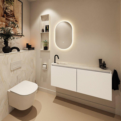 MONDIAZ TURE-DLUX Meuble toilette - 120cm - Talc - EDEN - vasque Ostra - position gauche - 1 trou de robinet