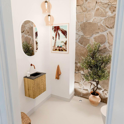 Mondiaz JOYA-DLUX 40cm toiletmeubel - kleur Oak - Wastafel FAYE positie Rechts Zonder kraangat kleur Lava.