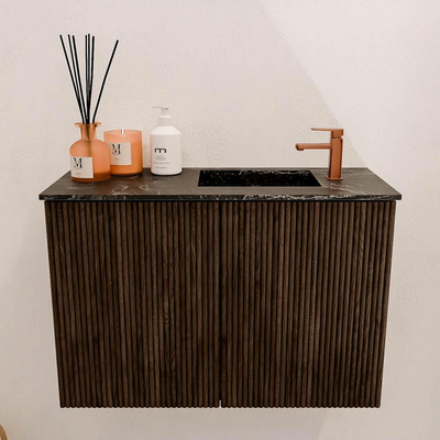 Mondiaz JOYA-DLUX 60cm toiletmeubel - kleur Walnut - Wastafel FAYE positie Rechts 1 kraangat kleur Lava.