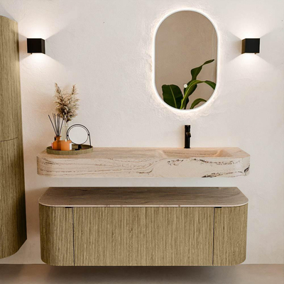 MONDIAZ THOR-DLUX 140cm meuble de salle de bains arrondi gauche + droite couleur Dusk avec 1 tiroir et 2 portes. Vasque suspendue CLOUD Droite 1 trou de robinet couleur Arena.