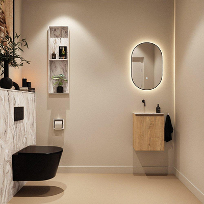 MONDIAZ TURE-DLUX Meuble toilette - 40cm - Washed Oak - EDEN - vasque Glace - position gauche - sans trou de robinet