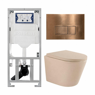 QeramiQ Dely Toiletset - 36.3x51.7cm - diepspoel - rimless - Geberit UP320 inbouwreservoir - softclose toilet zitting - 35mm - koperen bedieningsplaat - rechthoekige knoppen - mat beige