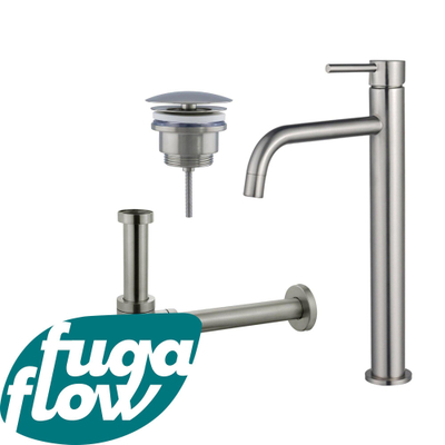 FugaFlow Eccelente Sobrado Badkamer Slim Wastafelkraanset - verhoogde wastafelkraan - always open plug - design sifon - PVD Geborsteld RVS