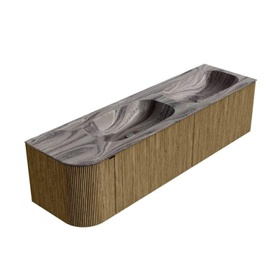 MONDIAZ KURVE-DLUX 165cm meuble de salle de bains arrondi à gauche couleur Dusk avec 2 tiroirs et 1 porte. Lavabo STOR SMALL Double / Droite 2 trous de robinet Sombra.