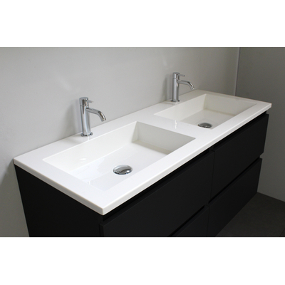 Basic Bella Meuble salle de bains avec lavabo acrylique Blanc avec armoire toilette 2 portes gris 120x55x46cm 2 trous de robinet Noir mat