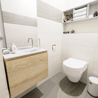 MONDIAZ OLAN Fonteinset - 60x30x40cm - 1 kraangat - 1 lade - washed oak mat - wasbak rechts - Solid Surface Wit