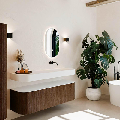 MONDIAZ THOR 150cm meuble de salle de bains arrondi gauche + droite couleur Walnut avec 1 tiroir et 2 portes. Vasque suspendue CLOUD Droite sans trou de robinet couleur Talc.