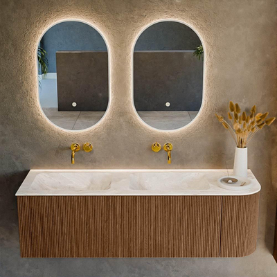 MONDIAZ KURVE-DLUX 145cm Meuble salle de bain avec module 25 D - couleur Walnut - 1 tiroir - 1 porte - vasque LEAF double / gauche - sans trou de robinet - couleur Frappe