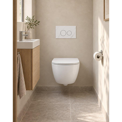 QeramiQ Dely Swirl Compact Toiletset - inbouwreservoir Geberit UP320 - met Burda frame - 25mm zitting - kunststof bedieningsplaat glans wit - rechthoekige knoppen - mat wit