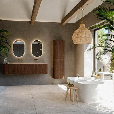 MONDIAZ KURVE-DLUX 175cm meuble de salle de bains avec arrondi à gauche couleur Walnut avec 2 tiroirs et 1 porte. Lavabo STOR SMALL Double / Droite sans trou de robinet Arena.