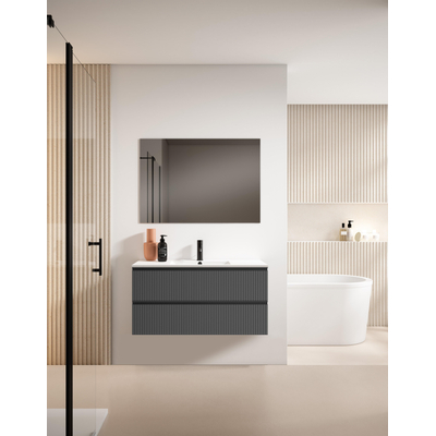 Saniclass Prime Blend Meuble de salle de bain - 100x55x46cm - 1 vasque ovale en céramique blanc - 1 trou de robinet - 2 tiroirs - miroir rectangulaire - mat anthracite