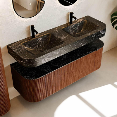 MONDIAZ THOR-DLUX 140cm badmeubel ronding links + rechts kleur Ruby met 1 lade en 2 deuren. Vrijhangende wastafel CLOUD Dubbel 2 kraangaten kleur Lava.