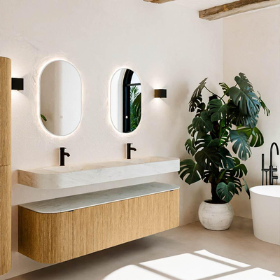 MONDIAZ THOR-DLUX 170cm meuble de salle de bains arrondi gauche + droite couleur Oak avec 1 tiroir et 2 portes. Vasque suspendue CLOUD Double 2 trous de robinet couleur Opalo.